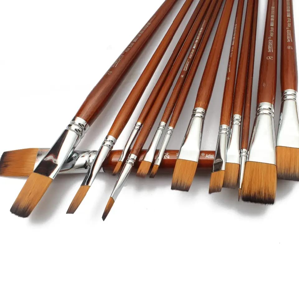 Image of Chrome Long Handle Synthetic Filbert Tip Artist Paint Brushes - 13 Piece Set (13pcs Flat Brush Set)