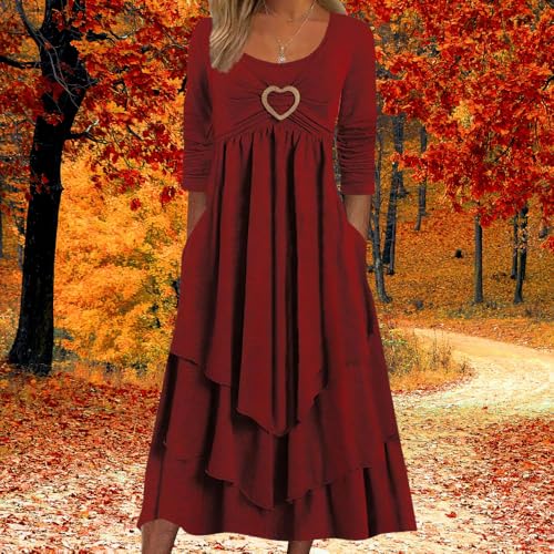 Bengbobar Women's Heart Crewneck Long Sleeve Tiered Dresses Solid Color Casual Fall Wedding Party Guest Dress with Pockets4