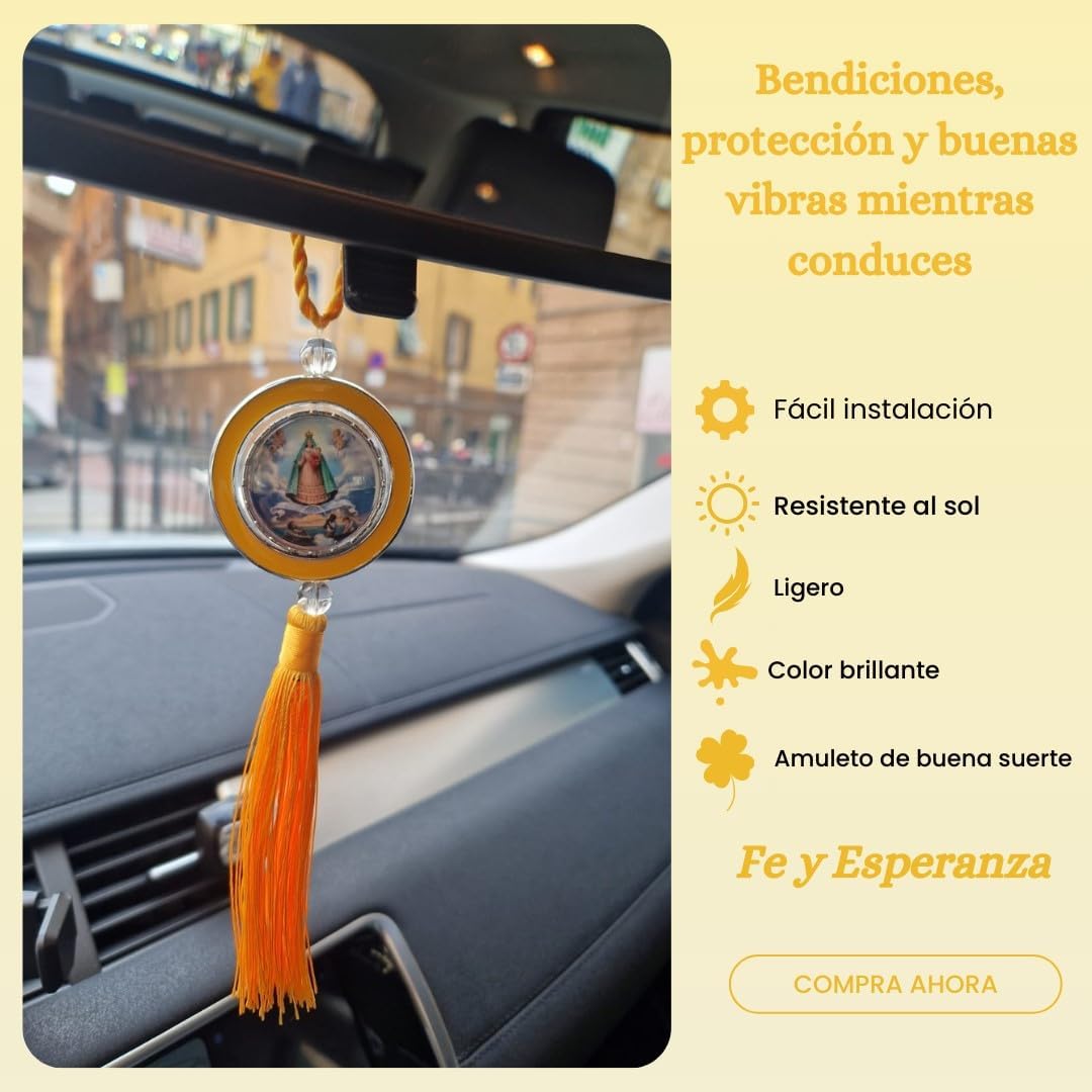 Medalla de la Virgen de la Caridad del Cobre para colgar en Espejo retrovisor del carro o casa. Amuleto de Oshún para la Suerte. Ornamento religioso colgante Amarillo y Plateado para tu auto y Altar - Image 2