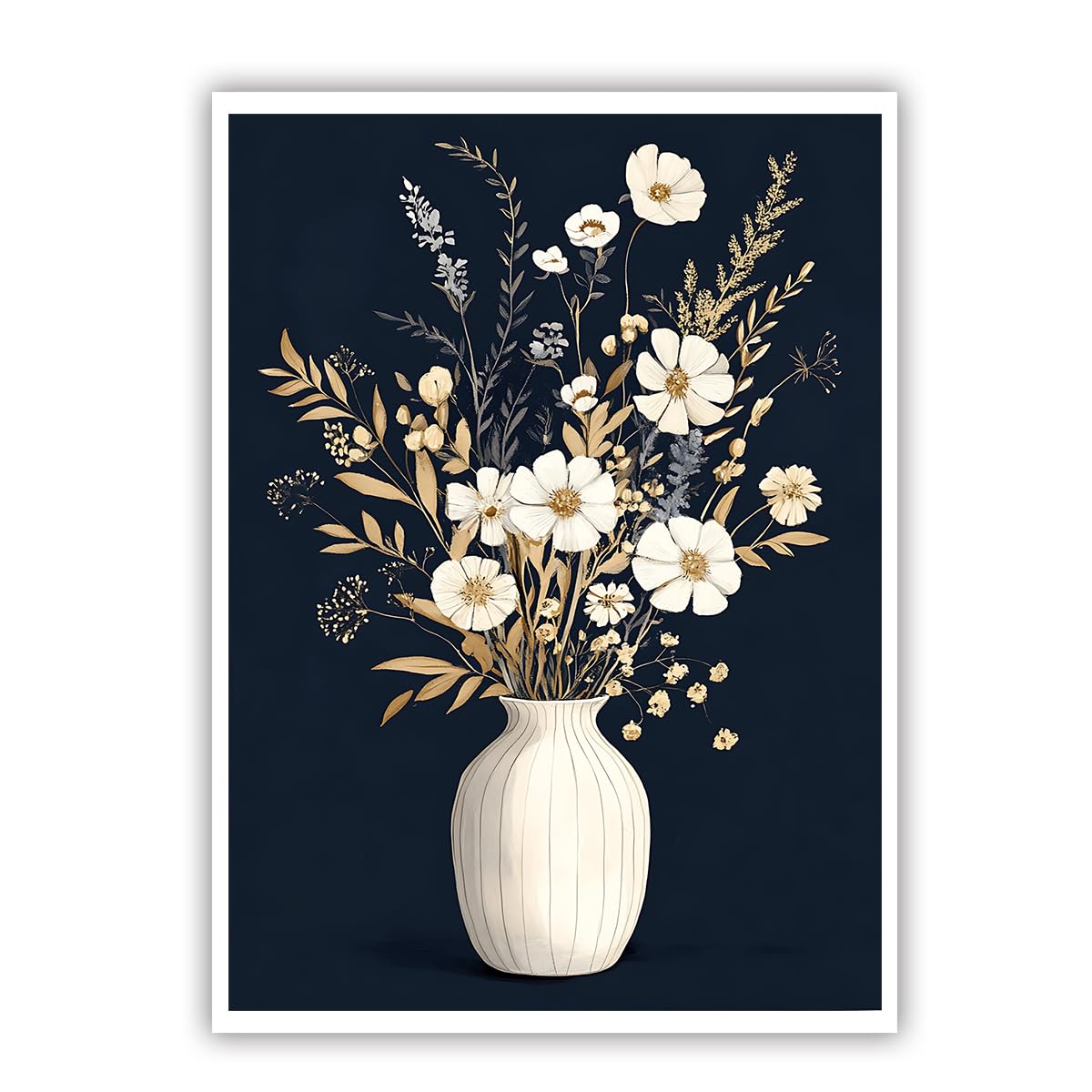 CHERHERART Canvas Wall Art White Flowers Poster Artwork Modern Floral Gold Leaves Vase Elegant Canvas Pictures Print for Living Room Dining Room 35x55cm Frameless