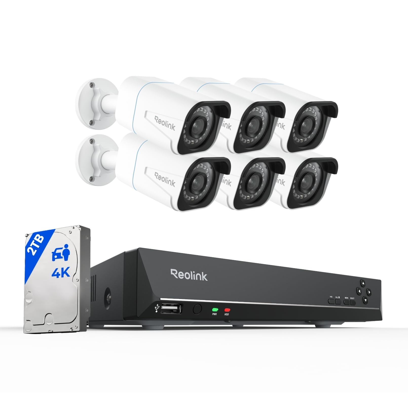 REOLINK8CH 4K Security Camera System, 6pcs H.265 Bullet Wired PoE Cameras for Home Security Outdoors, Smart Person Vehicle Detection, 8CH NVR Recorder with 2TB HDD for 24-7 Recording, RLK8-800B6