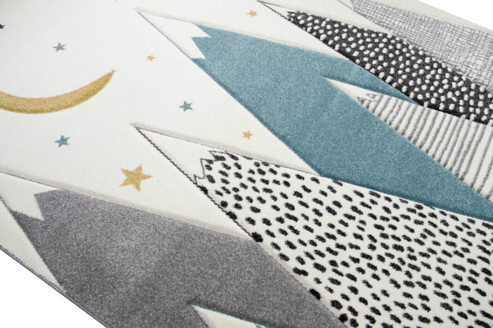 Tapis Bébé Enfant Motif Montagnes - 140x200 Cm, Doux, Hypoallergénique, Crème/gris/bleu