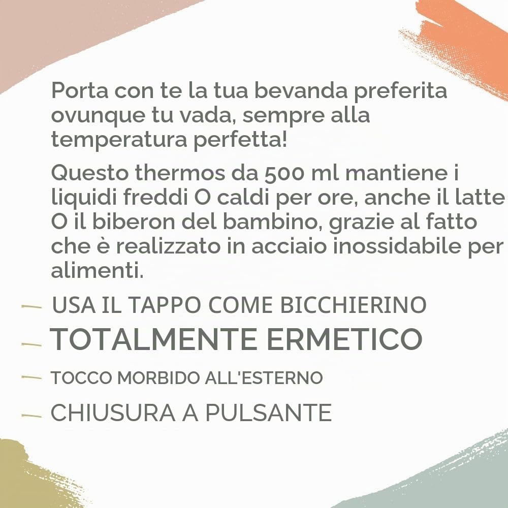 Miniland Borraccia Termica Bambini per Liquidi da 500ml in Acciaio Inossidabile, Mantiene la Temperatura per Oltre 12 ore sia a Freddo e Caldo, Chiusura Ermetica e Sistema Antigoccia | Candy