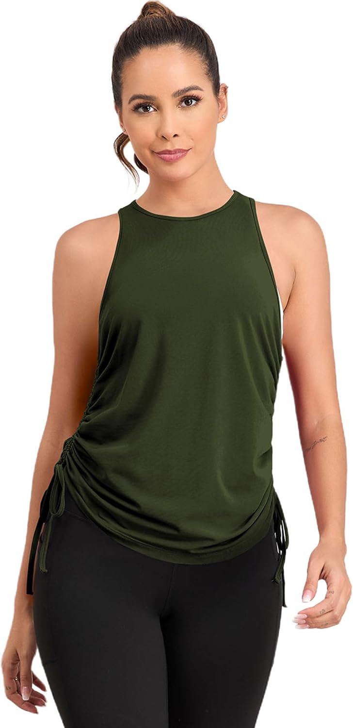 Pima Cotton Workout Tops for Women Drawstring Ruched High Neck Yoga Tops Sleeveless Athletic Running Tank Tops
