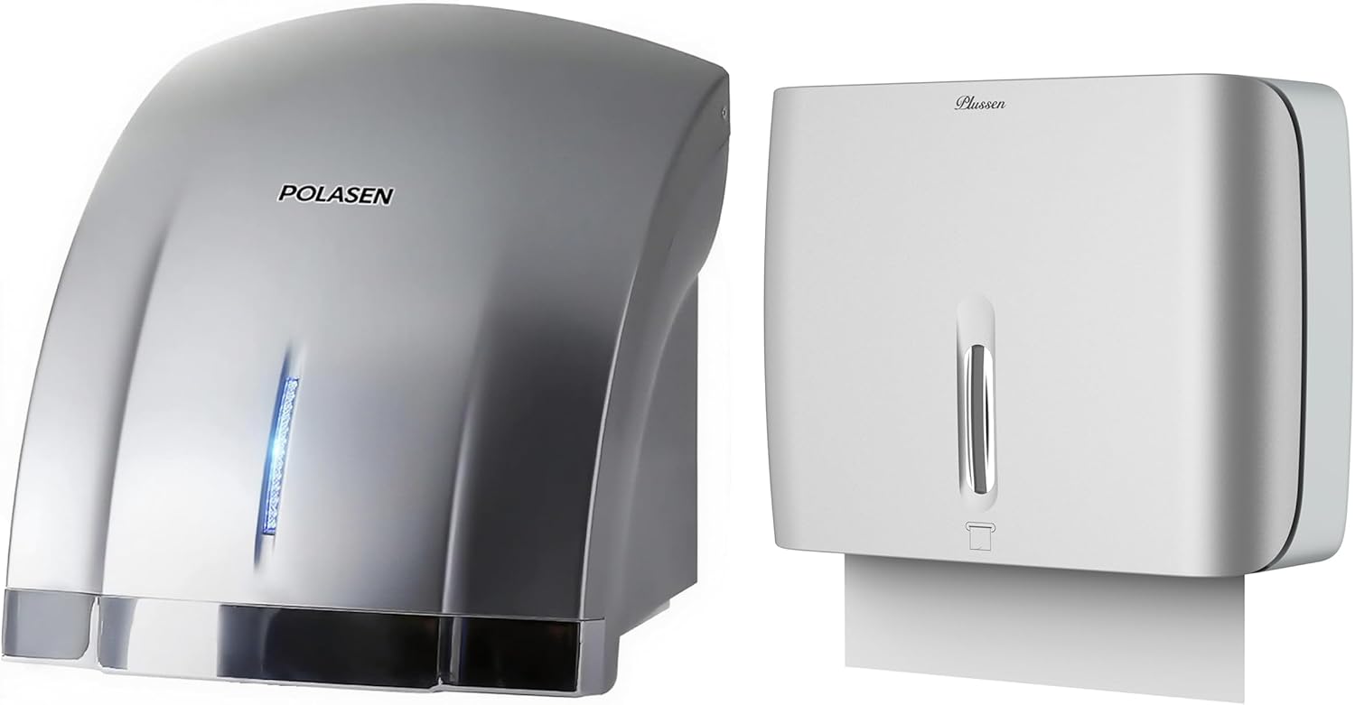 Hand Dryer and Paper Towel Dispenser Set Wall Mounted High Speed Automatic Hand Dryer with Sensor & ABS Paper Towel Dispenser, Ideal for Home Bathroom & Commercial Use