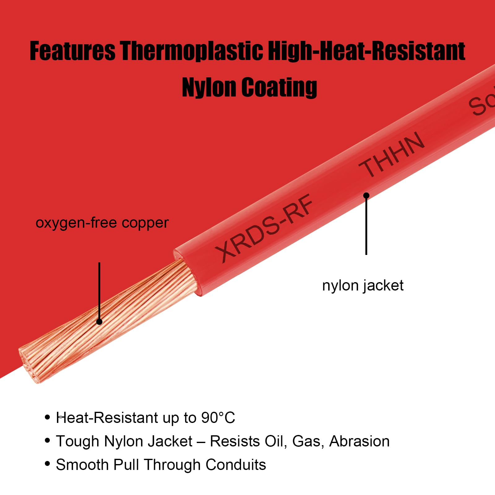 XRDS -RF Cable THHN de calibre 8, cable eléctrico de cobre trenzado rojo de 50 pies, 600 V, resistente al calor y al aceite, alambre de construcción de funda de nailon para uso en interiores y