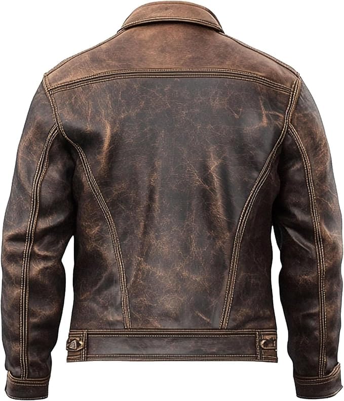 Mens Genuine Distressed Leather Trucker Jacket - American Button Style Vintage Western Trucker Jacket2