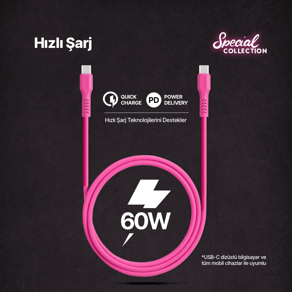 ttec USB-C - USB-C 120cm 60W PD/QC Hızlı Şarj/Data Kablosu Neon 2DK59N (Neon Pembe)
