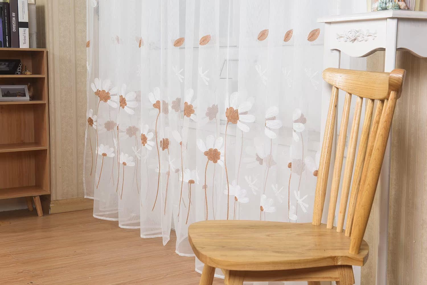 HooHero White Modern Light Luxury Small Chrysanthemum Embroidery 50 Width Sheer Curtains Home Decoration Rod Pocket Customzied Supported for Living Room Bedroom Doorway
