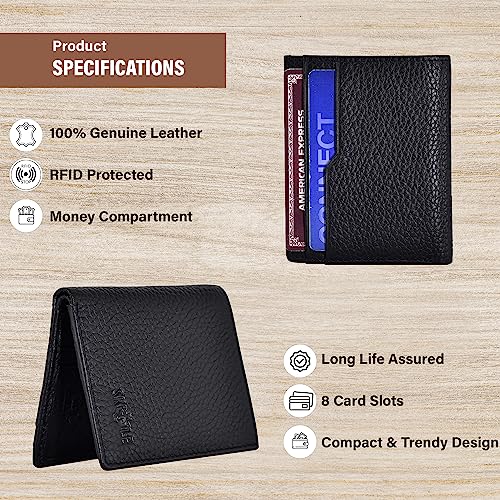 Leather Bi fold RFID Wallet Men (Black), Slim Card Holder, 6 Cards Slots Quick Acces Card Holder with Cash Compartment, Fits Front Pocket3