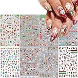 8Sheets Christmas Nail Stickers - 3D Snowflake & Snowflakes Santa Claus Elk Buffalo Plaid Nail Design Holiday Decals