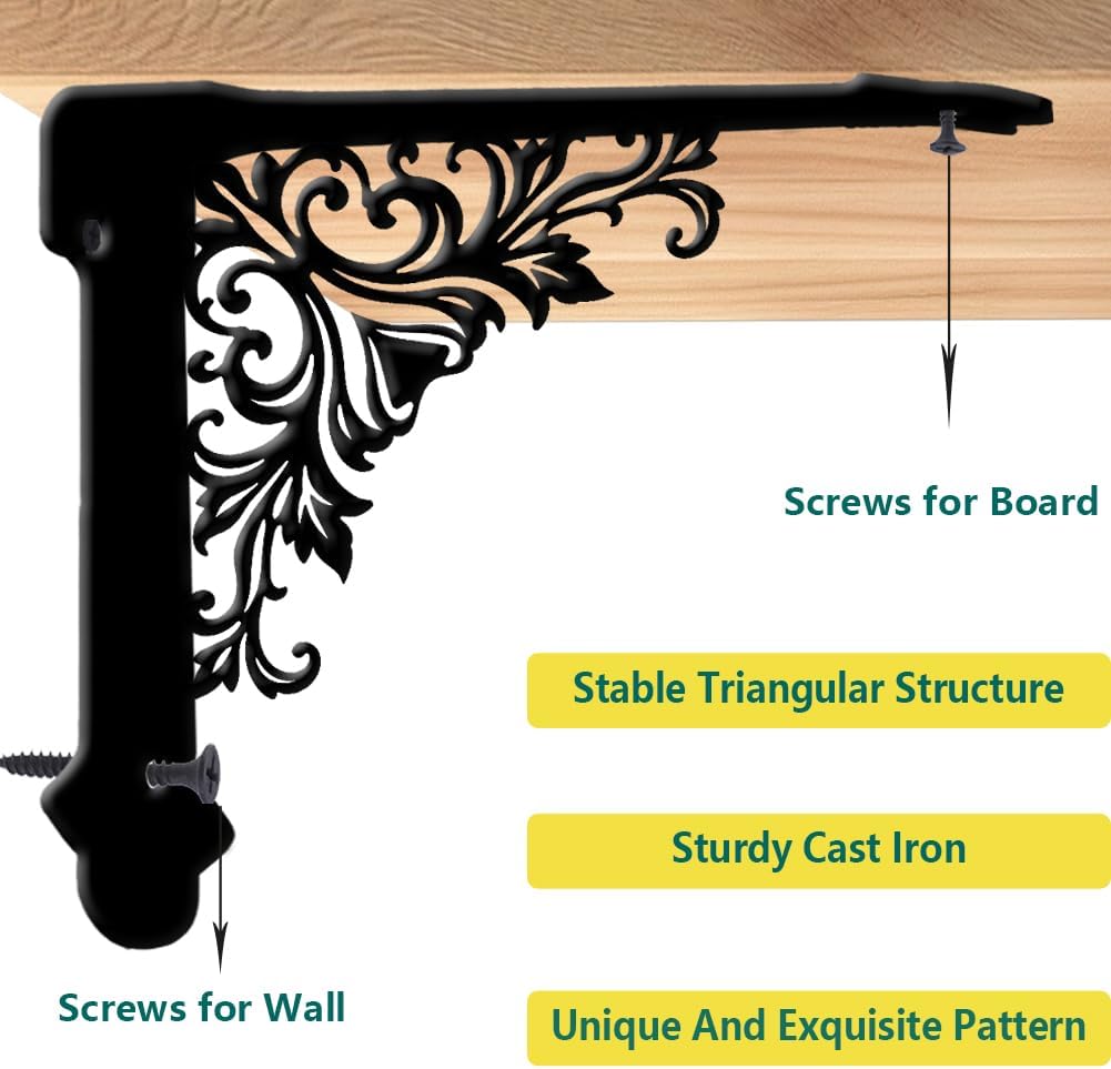 2Pcs Decorative Shelf Support Brackets Floral Iron Shelf Brackets Vintage Black Metal Wall Mount Ornate Right Angle Rack Rustic Style Holder for Home Decoration 6.77 x 8.27 x 0.08 Inch