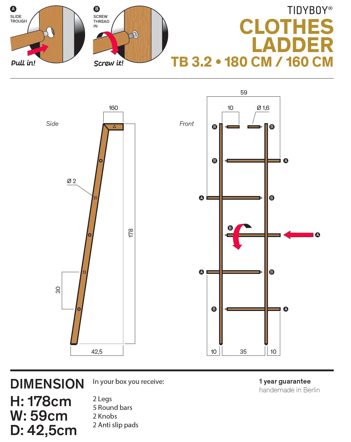 Kleiderleiter & Kleiderständer Holz, Handtuchleiter & Handtuchhalter aus Massivholz, Designer Holzleiter auch als Dekoleiter, Herrendiener oder Stummer Diener Leiter Handgearbeitet (Nussbaum)