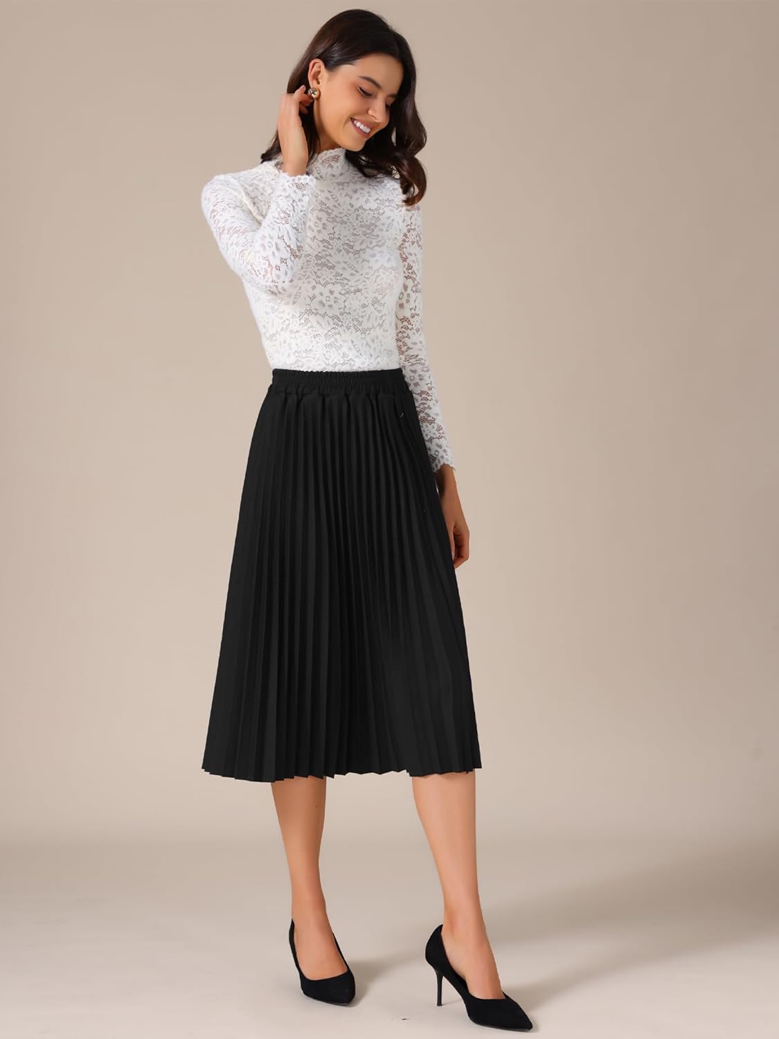 Allegra K Women's Pleated Midi Skirt Elastic High Waist A-Line Swing Casual Flowy Long Skirts