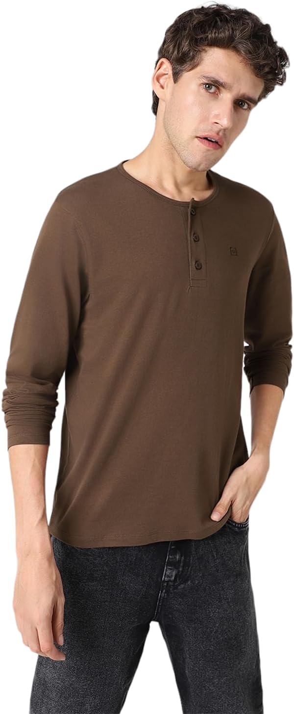 Urbano Fashion Men's Solid Henley Neck Slim Fit Full Sleeve Cotton T-Shirt