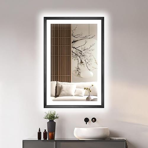 Miniatura 10 de Espejo de baño LED de 40 x 30 pulgadas con luces, marco de aluminio negro, antivaho, atenuación continua, espejo de tocador inteligente de 3 colores