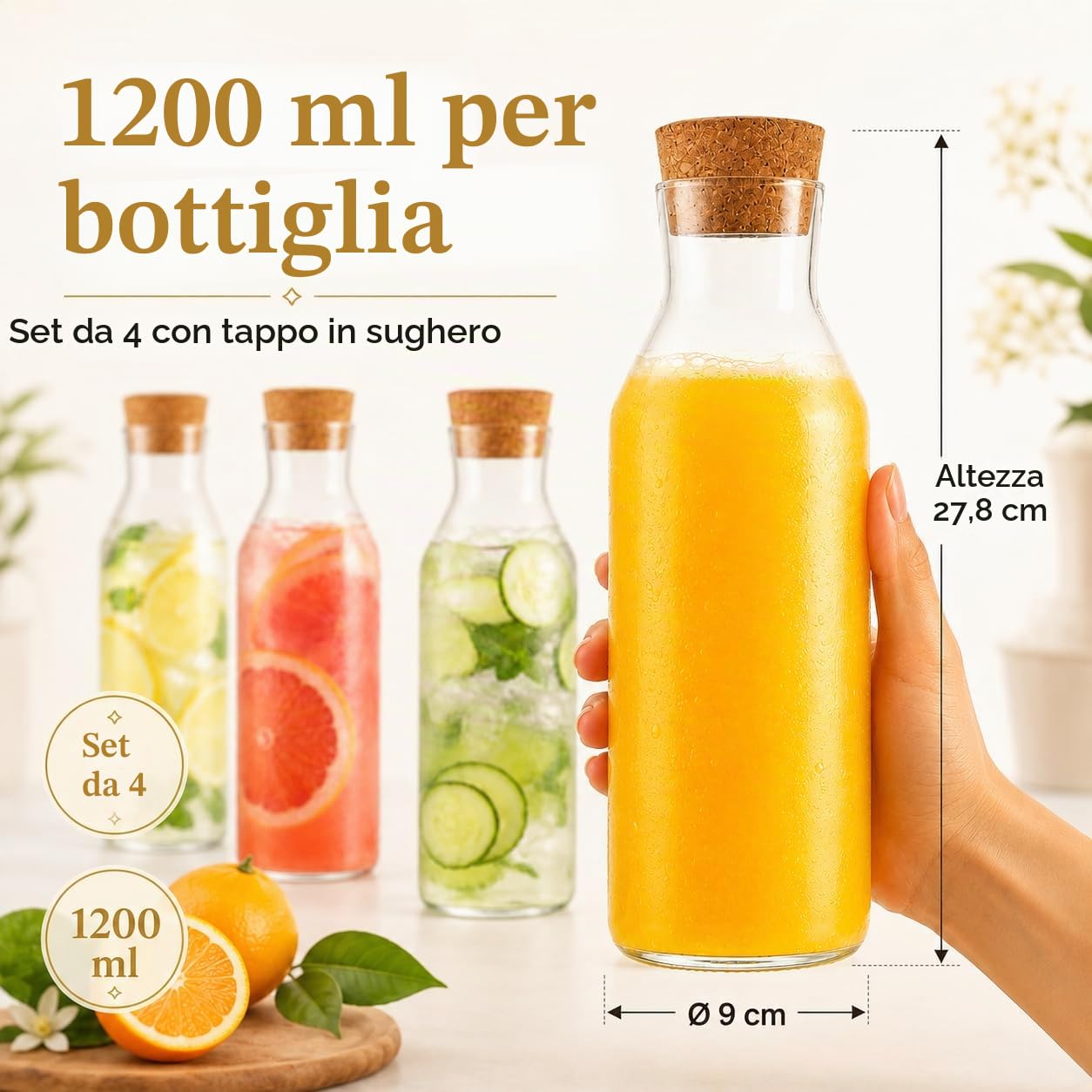 YAYODS 4 caraffa per acqua con tappo in sughero – caraffa in vetro da 1,2 litri – caraffa in vetro con coperchio per acqua frizzante, frutta, succhi di frutta, ristoranti, feste, matrimoni, compleanni