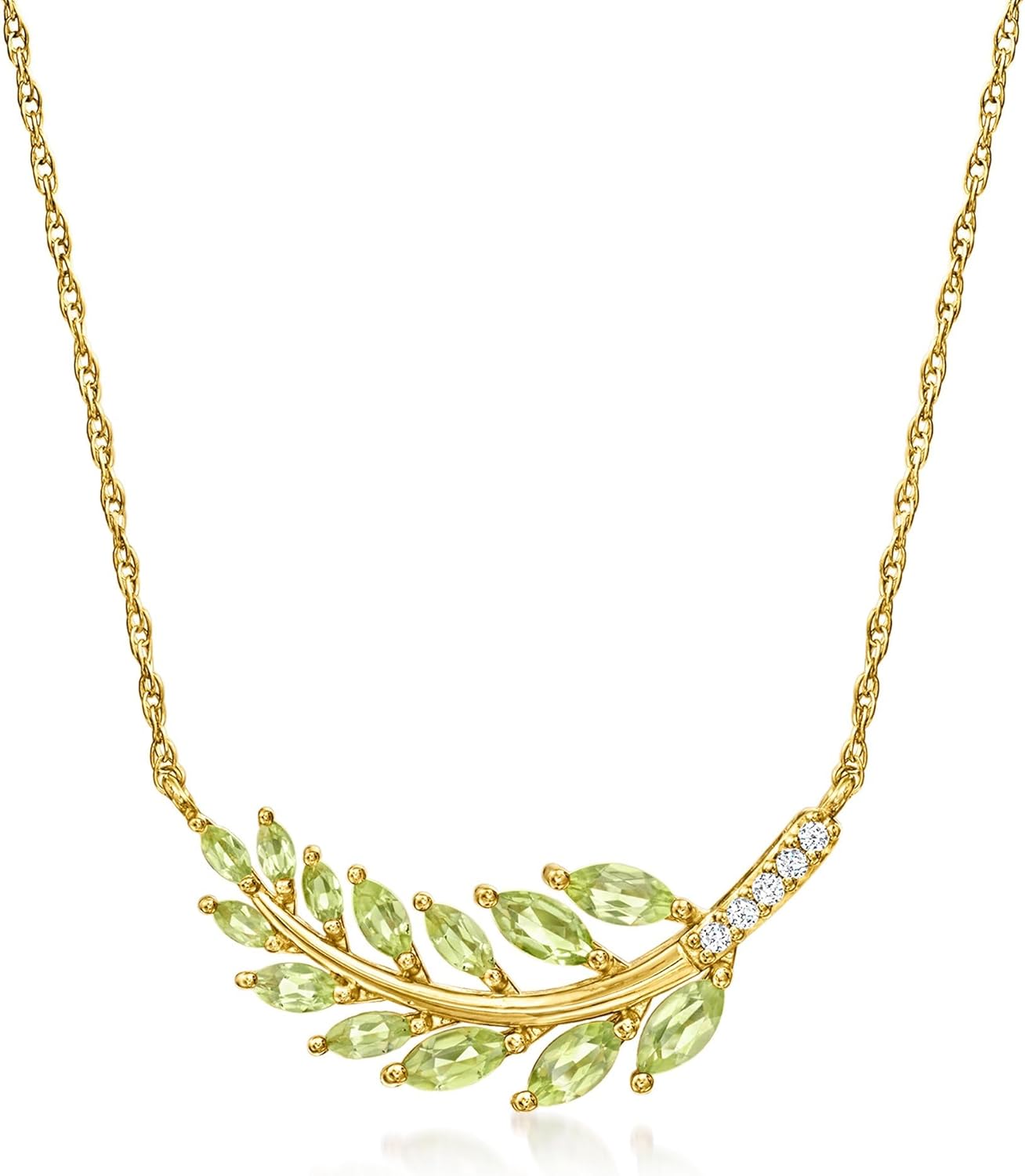 Ross-Simons 1.20 ct. t.w. Peridot Leaf Necklace With Diamonds in 18kt Gold Over Sterling. 16 inches