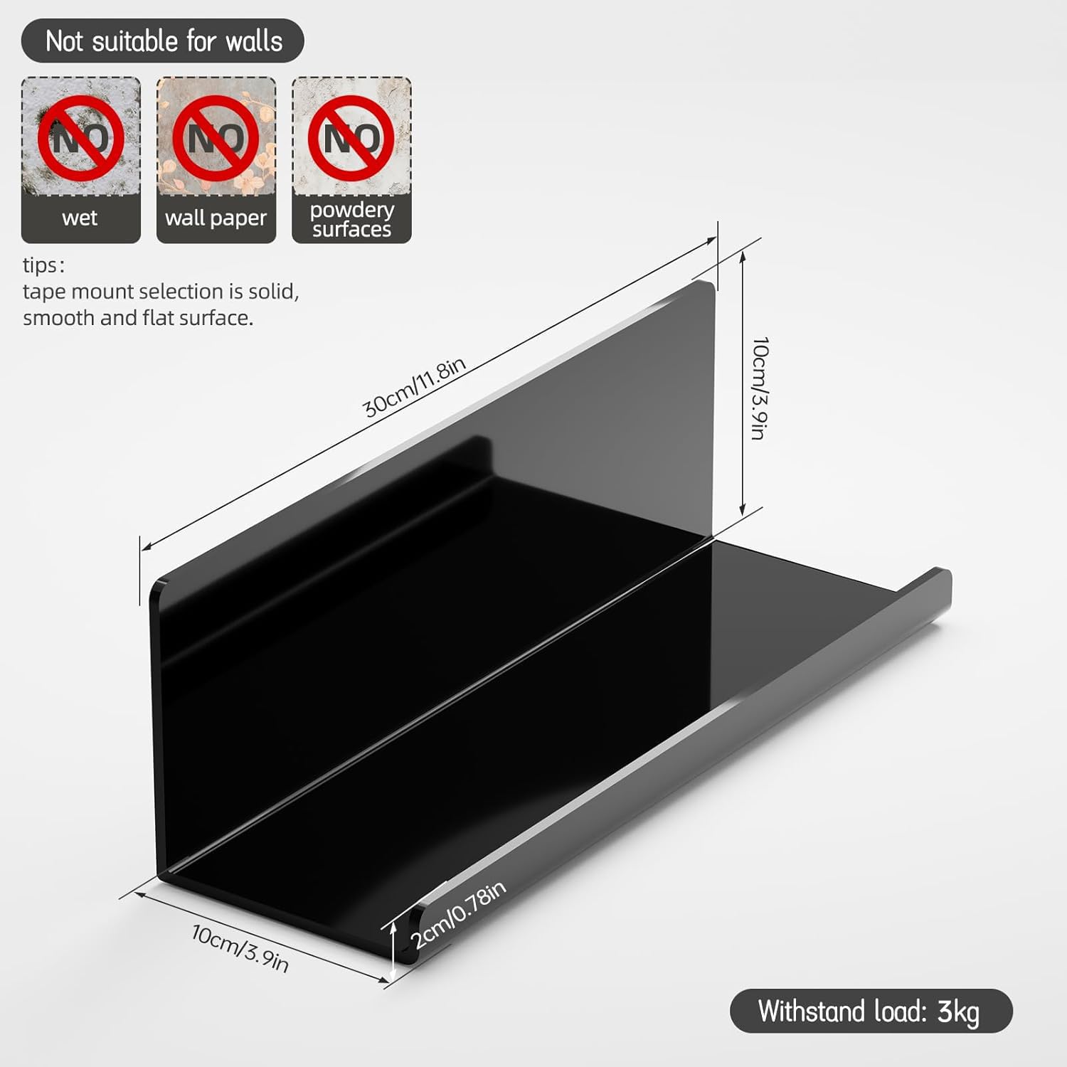 Toski - Wall Shelf No Drilling Acrylic 2 Pack Black 30cm Kitchen Hanging Paste Shelf Hanging Shelf for Book Photo Display Bathroom Wall Shelf 1