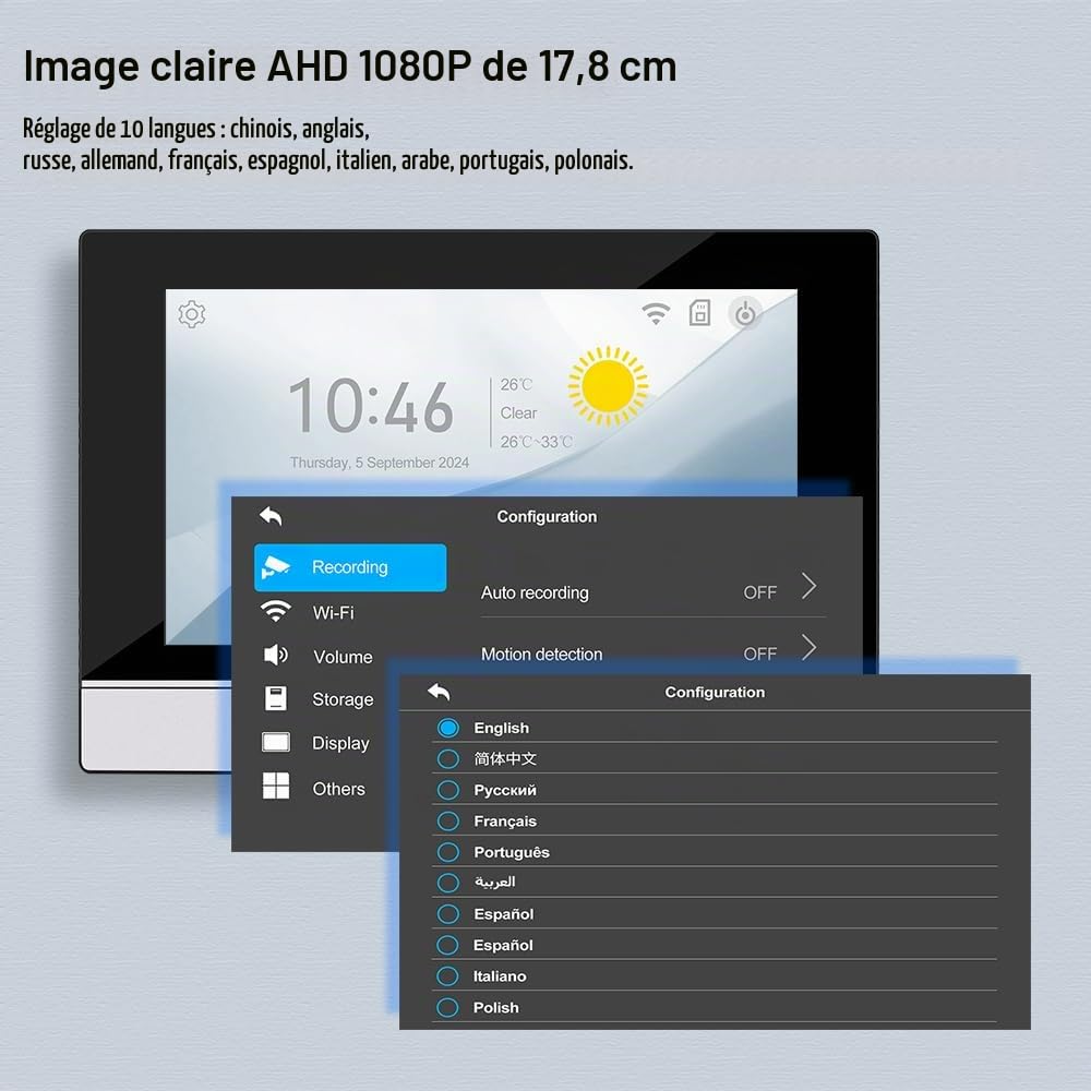 Système d'interphone Vidéo WiFi 1080P HD Caméra de Sonnette Vidéo avec écran Couleur Câblé de 7 Pouces, Prise en Charge de la Vision Nocturne IR, Carte RFID/Tuya APP Unlock