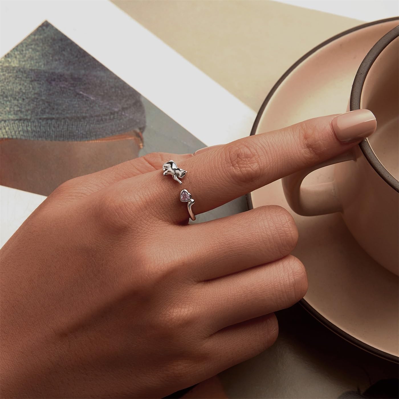 VOROCO Sterling Silver Adjustable Open Ring Trendy Elegant Unique Open Ring Cat paw print Sunflower Koi Fish Ring for Women Jewelry Gift - Image 3