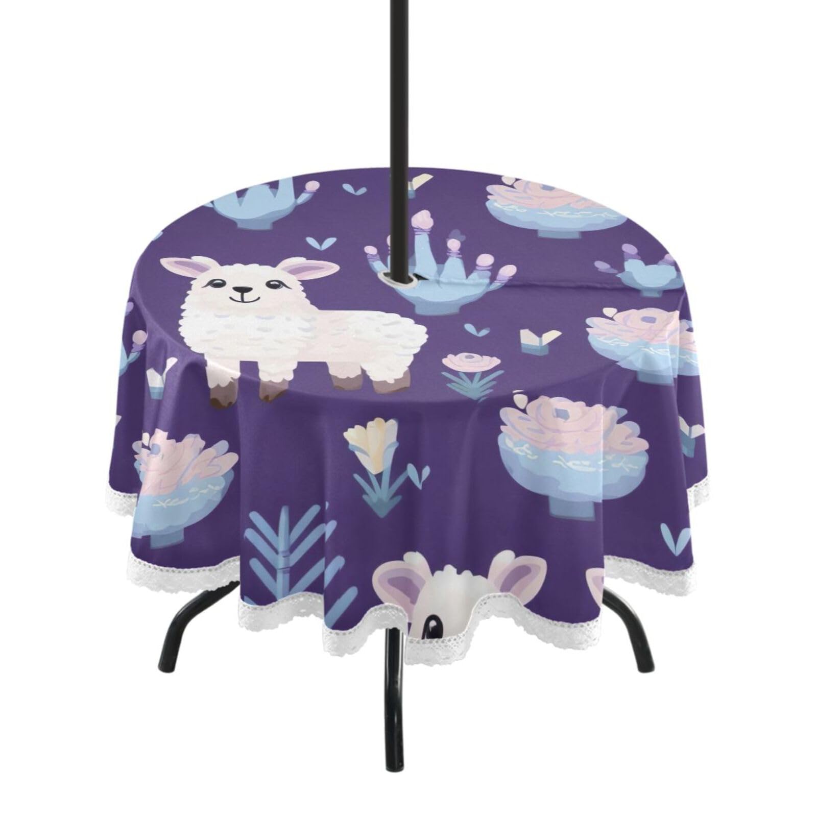 Wajiw 60 Inch Indoor Outdoor Round Tablecloth with Umbrella Hole and Zipper Waterproof Patio Table Cover for Camping Dining Room Party Outdoor Picnic,Sheep