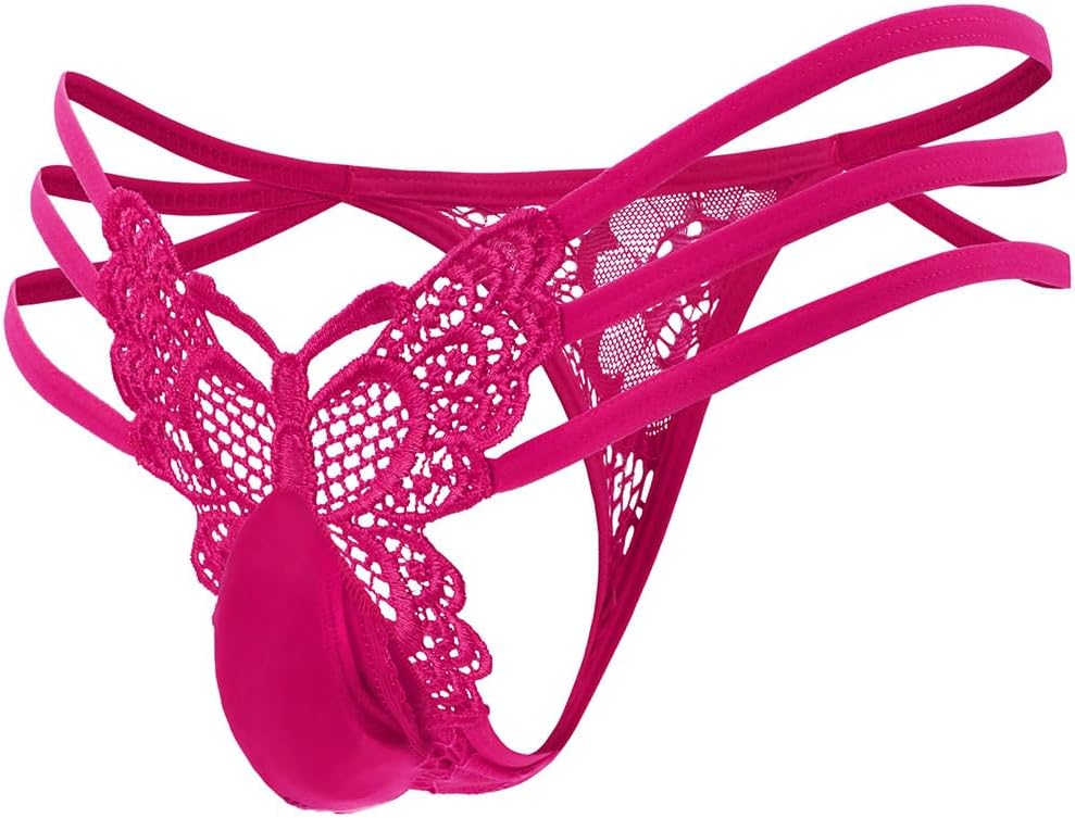 Men's Butterfly Lace Thong Underwear，Sexy Low Rise Strappy G String Panties, Femboy Gay Sissy Lingerie