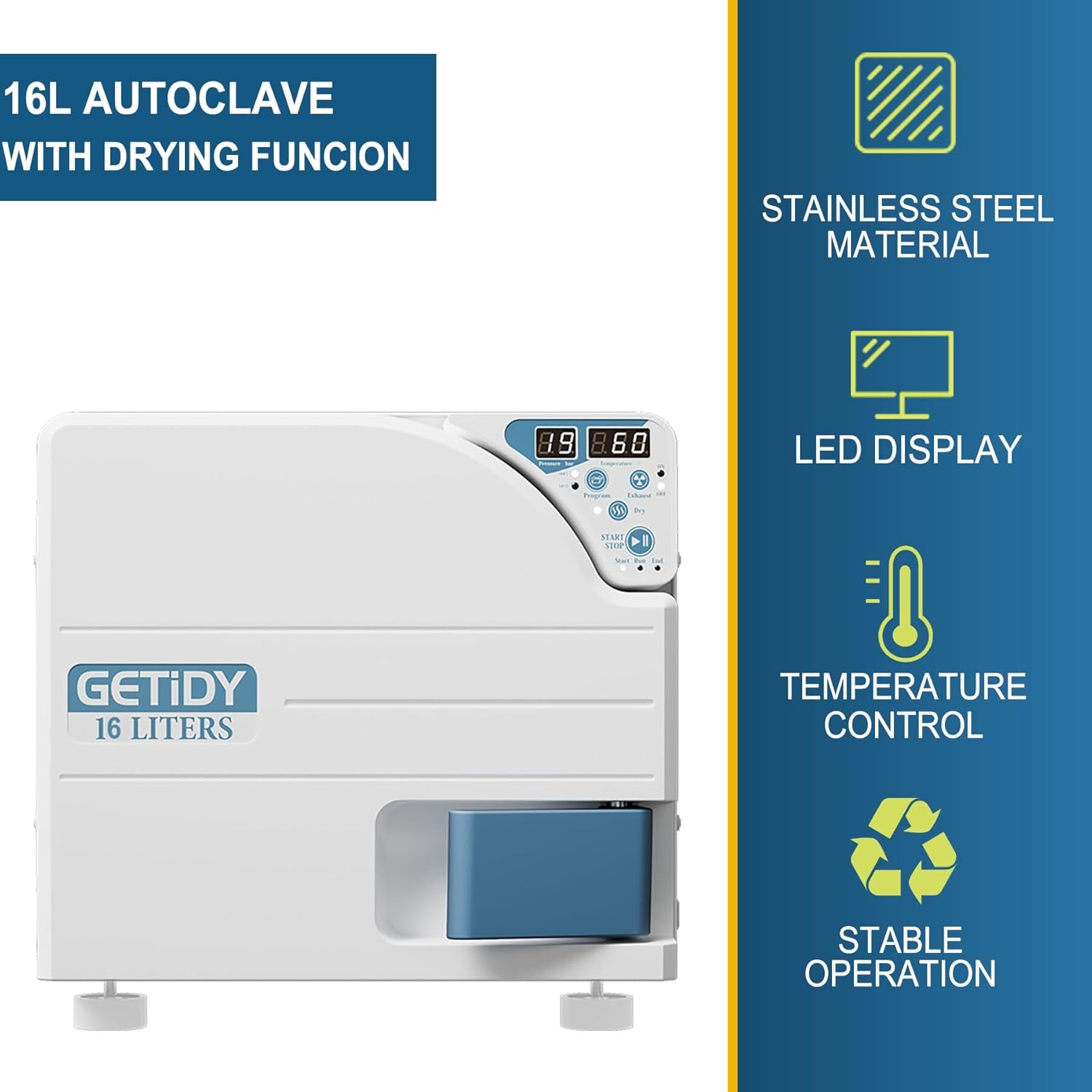 16L Autoclave High Pressure Steam with Drying Function, Digital LED Display, Dual-Control Door Lock, Stainless Steel Laboratory Equipment. Ships from The USA with delivery in 3-7 Days