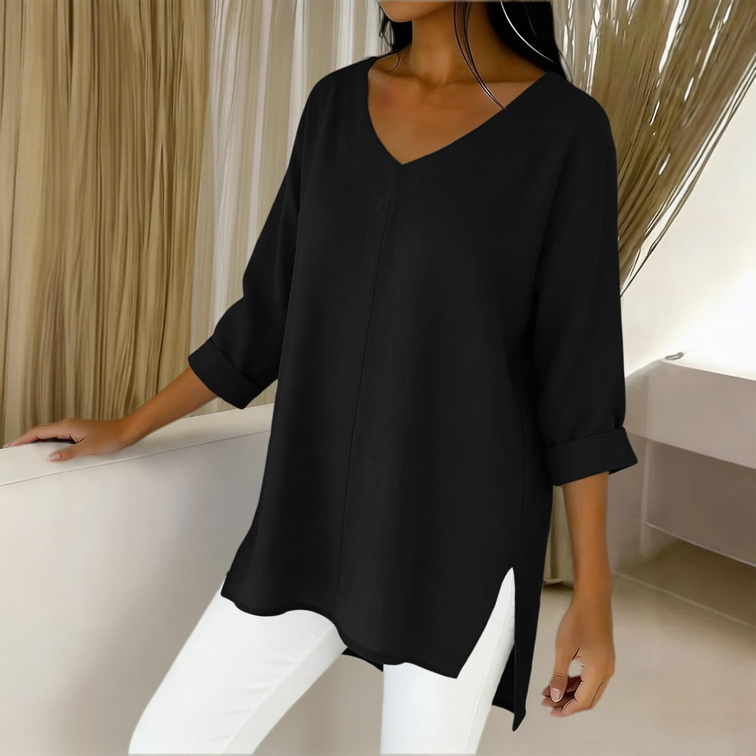 Women's 3/4 Roll Sleeve Tunic Blouse V Neck Loose Fit Side Split Long Shirts High-Low Comfy Casual Lounge Tops