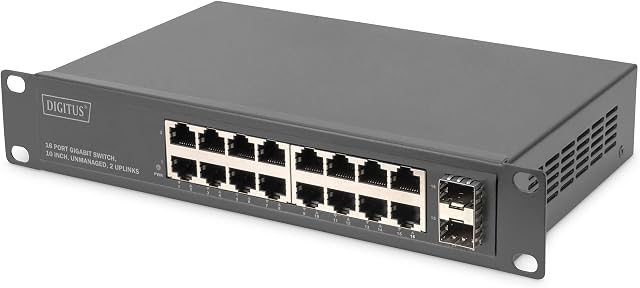 DIGITUS Gigabit Ethernet Netzwerk-Switch - 10 Zoll - 16 Port - 2x SFP Uplink - Unmanaged - Backplane 32 Gbps - Schwarz