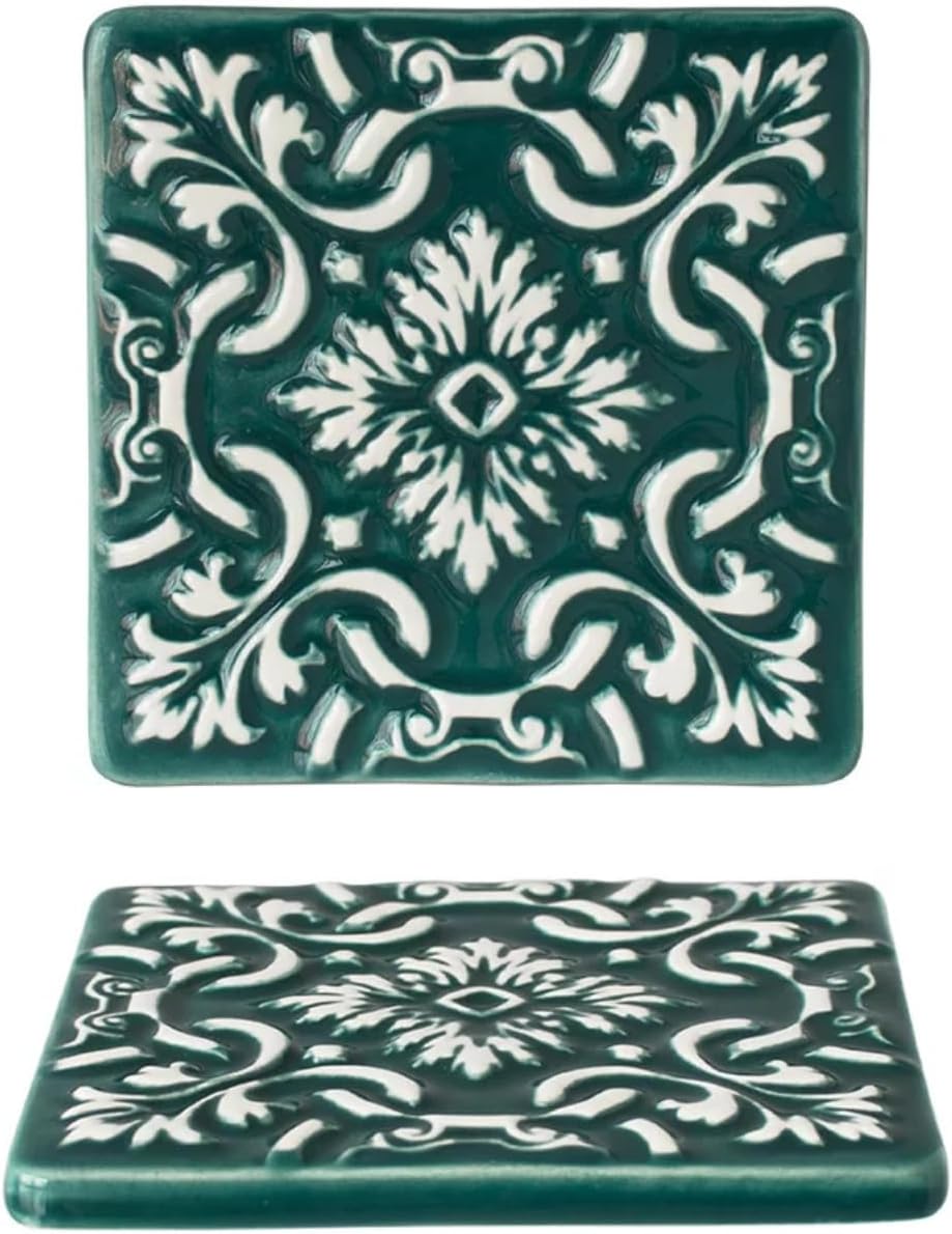 Hand-Painted Portuguese Pottery Ceramic Square Coasters – Set of 2 (Emerald Green)