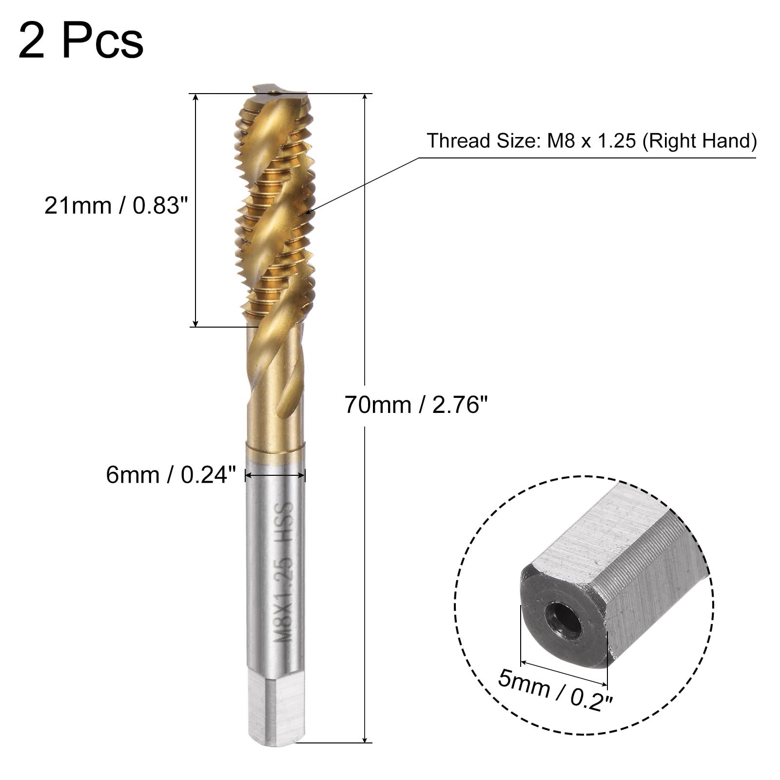 uxcell 2pcs Spiral Flute Thread Taps, Metric M8 x 1.25 H2 Screw Threading Tap, Titanium Coated M2 High Speed Steel Machine Tapping Tools for Machinist Repair