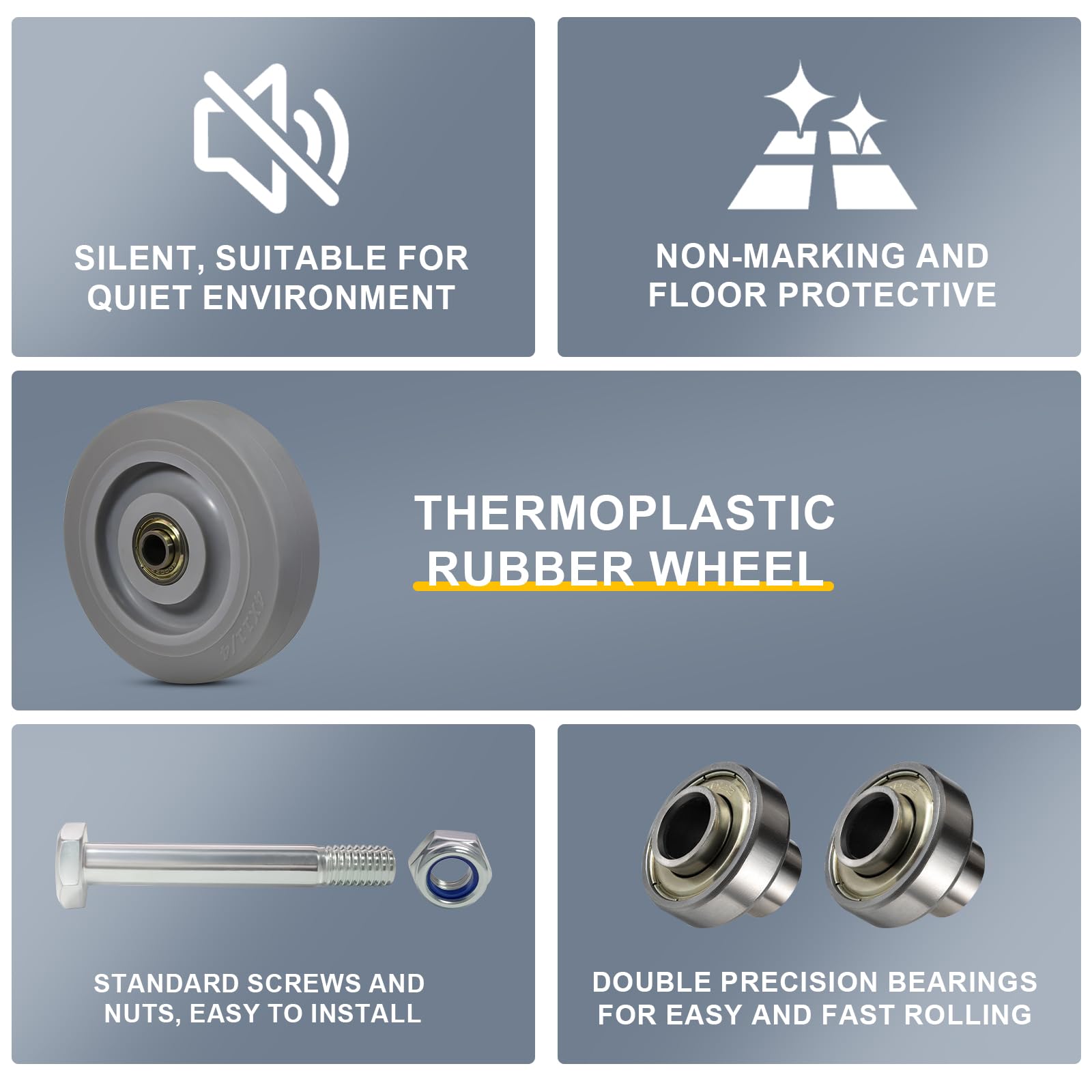 Ruote girevoli in gomma termoplastica da 8,9 cm (set di 4) – resistenti, cuscinetti di precisione, non lasciano segni, capacità di carico 113,4 kg ciascuna, protezione per pavimento, ideali per