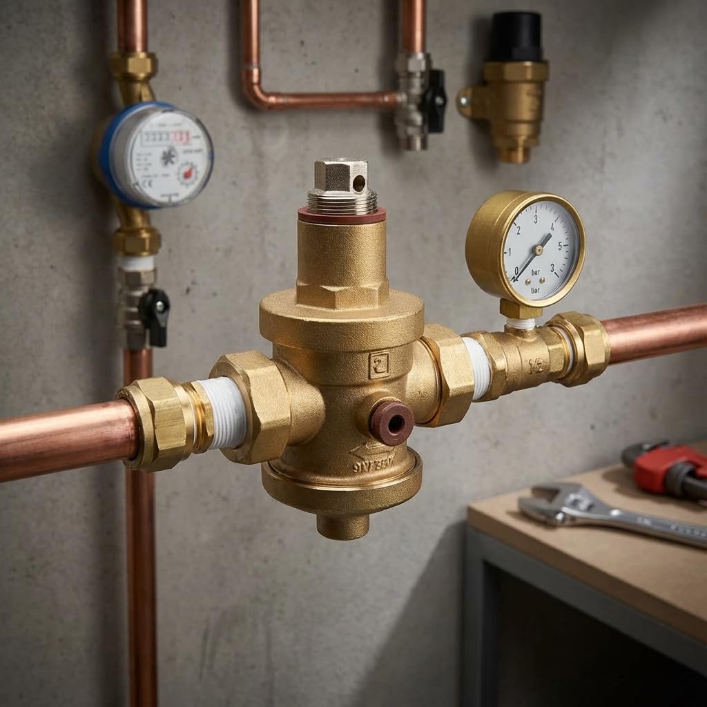SUINGA. REDUCTORA DE PRESION 1". Cuerpo de latón cromado. Muelle en acero al silicio zincado. Presión regulable de 0,5 a 6 bar. Reductor de presión agua medida 1" - 32mm