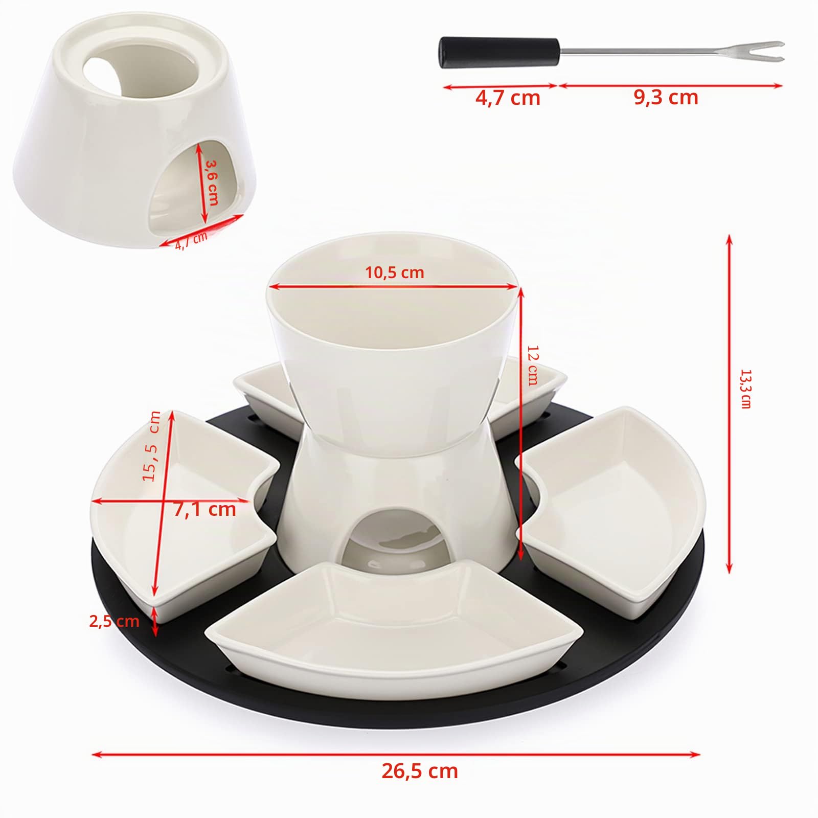 Fondue au chocolat - 300 ml - Céramique blanche - Set de fondeur de fromage carré avec 4 fourchettes et 4 assiettes avec plateau en bois 11 pièces pour chocolat, beurre et fromage (sans bougie)