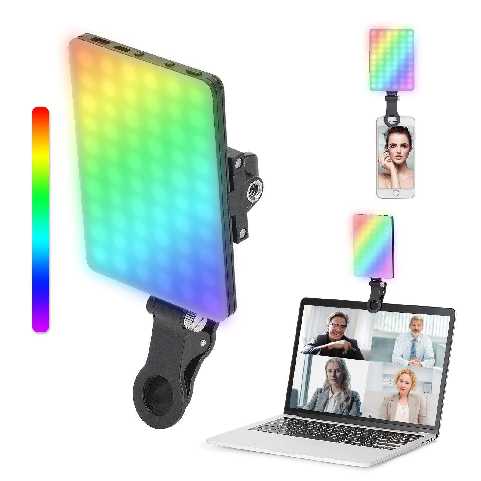 Newmowa RGB LED Video Light for iPhone/Tablet/Laptop, 360° Full Color CRI95+ Dimmable 2500K-8500K LED Panel Light, 2000mAh Rechargeable Portable Light for Selfie, Makeup, Video Conference