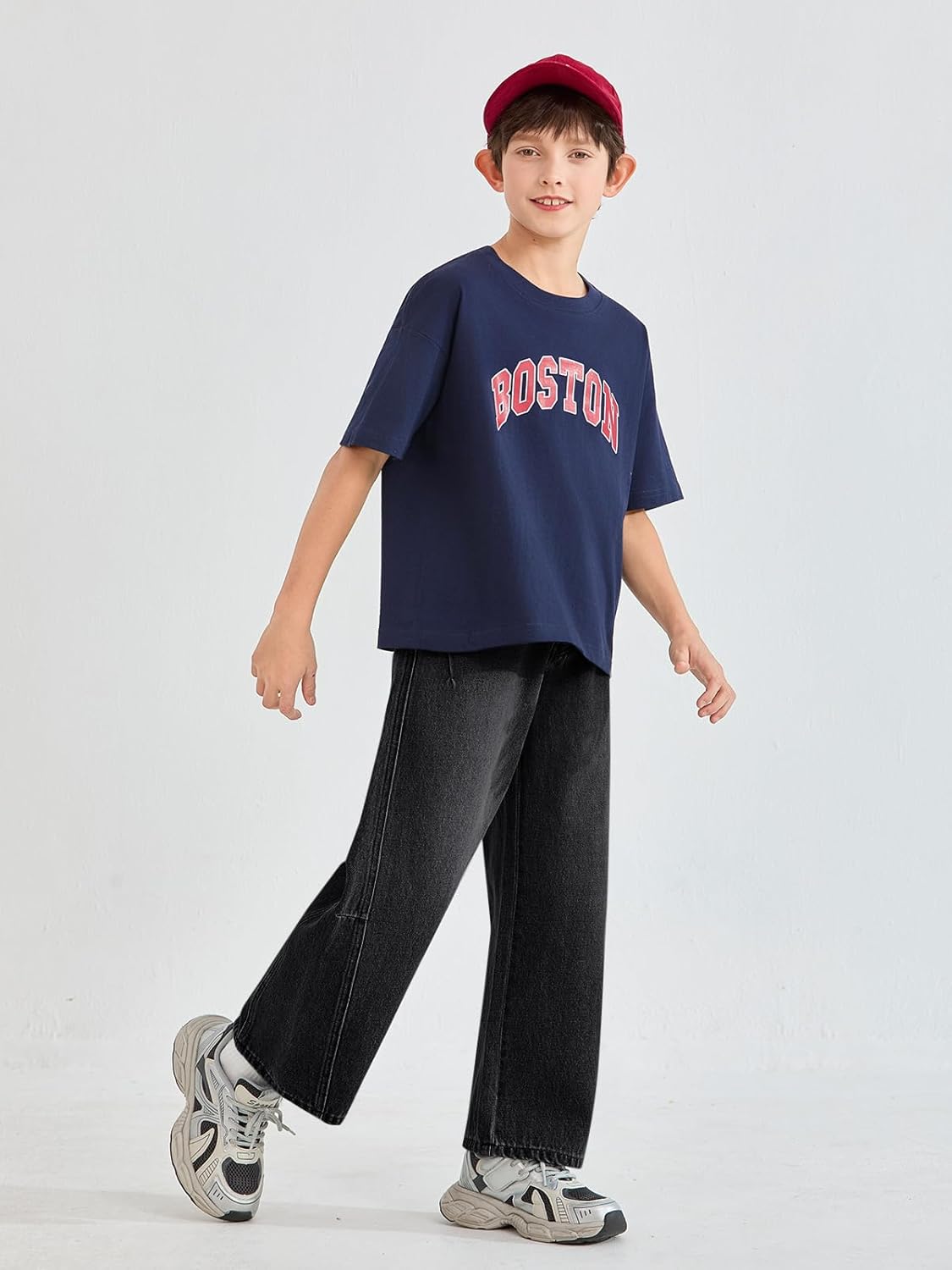 Haloumoning Boys Baggy Jeans Kids Wide Leg Elastic Wasit Demin Pants with Pockets 5-14 Years