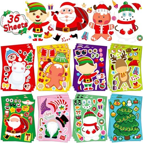 36PCS Christmas Stickers for Kids Party Favors Goodie Bag Filler Make Your Own Sticker Santa Snowman Reindeer a Face Crafts Supplies Gift