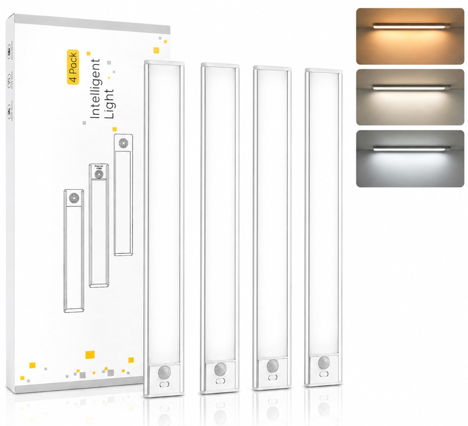 Confezione da 4 luci per armadietti, luce con sensore di movimento ricaricabile da 2200 mAh, luce costante 9H sempre accesa, 39,9 cm, senza fili, dimmerabile, luce notturna magnetica in 3
