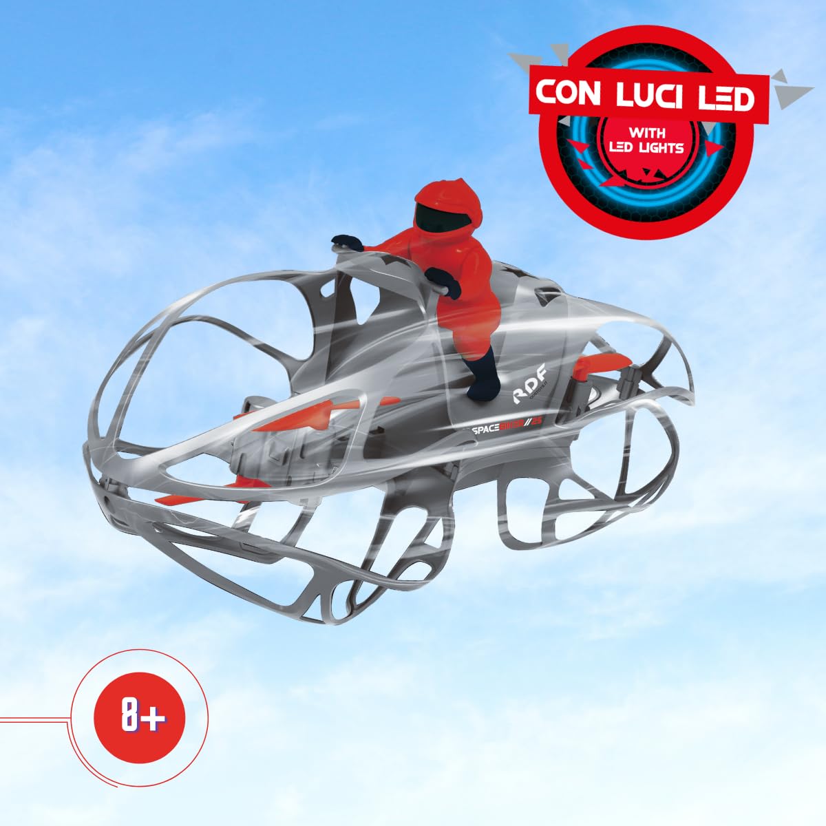 ODS - Radiofly, Space Biker // 25, Drone para niños con giroscopio y bloqueo, mando a distancia de 2,4 GHz, 8 funciones, 3 velocidades, carga USB, edad recomendada + 8 años