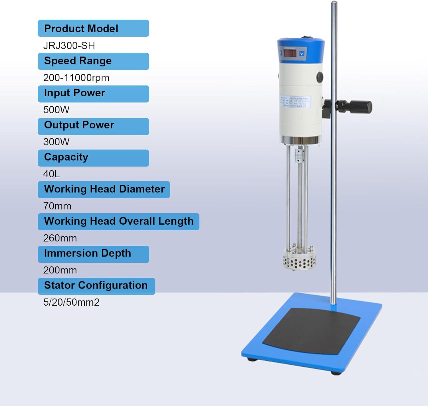 Lab Digital High Speed Homogenizer,50-40000ml Electric Overhead Stirrer Mixer with LCD Display,300-23000rpm Adjustable Lab Emulsifiering Machine for Large Batch Sample Mixing 2 Work Heads JRJ300~SH