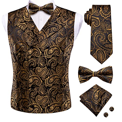 Hi-Tie Herren-Manschettenknöpfe, Krawatte und Fliege, 5-teiliges Set, Seidenweste, Krawatte, Einstecktuch, Geschenke, Hochzeit, formell, Schwarzes Gold Paisley, XXX-Large Cover