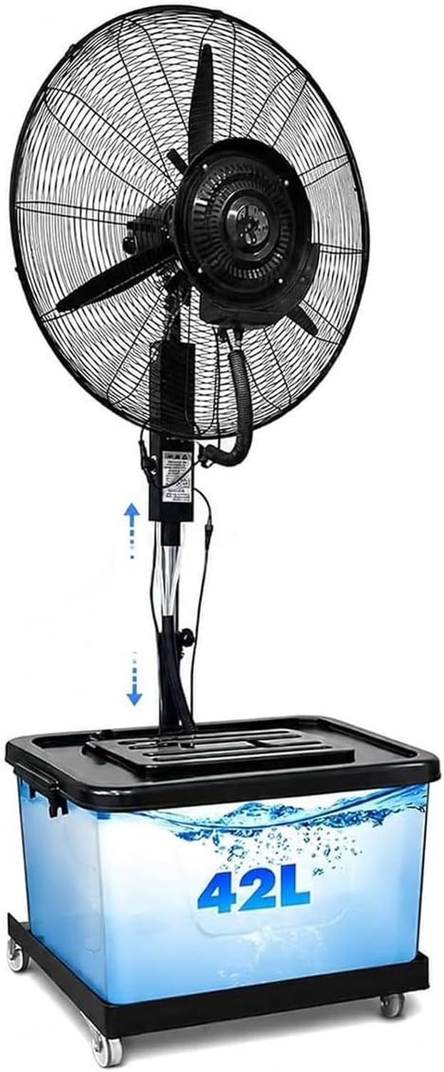 Ventilador de Nebulización Comercial, 3 Velocidades Oscilación 90°, Altura Regulable 160-200cm para Exterior Terraza Taller Invernadero, 65cm/25.6in, 65cm/25.6in