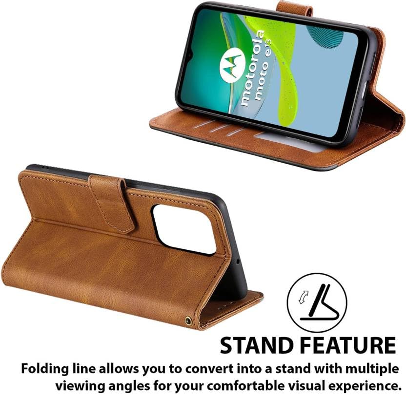 Image of Flip Cover Compatible for Motorola E13 | Moto E13 Back Cover Soft Silicon TPU Flip Cover Executive Executive Brown, Magnetic Closure