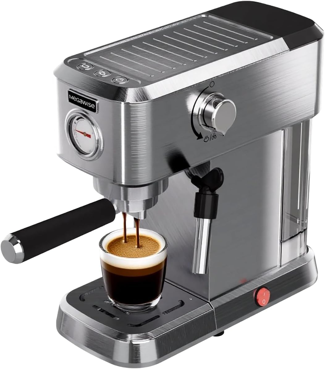 MEGAWISE Espresso Coffee Machine 20 Bar | Stainless Steel Compact Espresso Maker with Steam Milk Frother, Removable Tank | Home Cappuccino Latte Machine – Silver