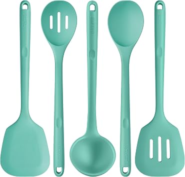600oF Heat Resistant Kitchen Utensil U-Taste 13.6" Extra Long Silicone Cooking Tools Set, Food-Grade Non-Stick Solid and Slotted Turner Spatula, Mixing Spoon, and Soup Ladle 5 Pieces, Aqua Sky