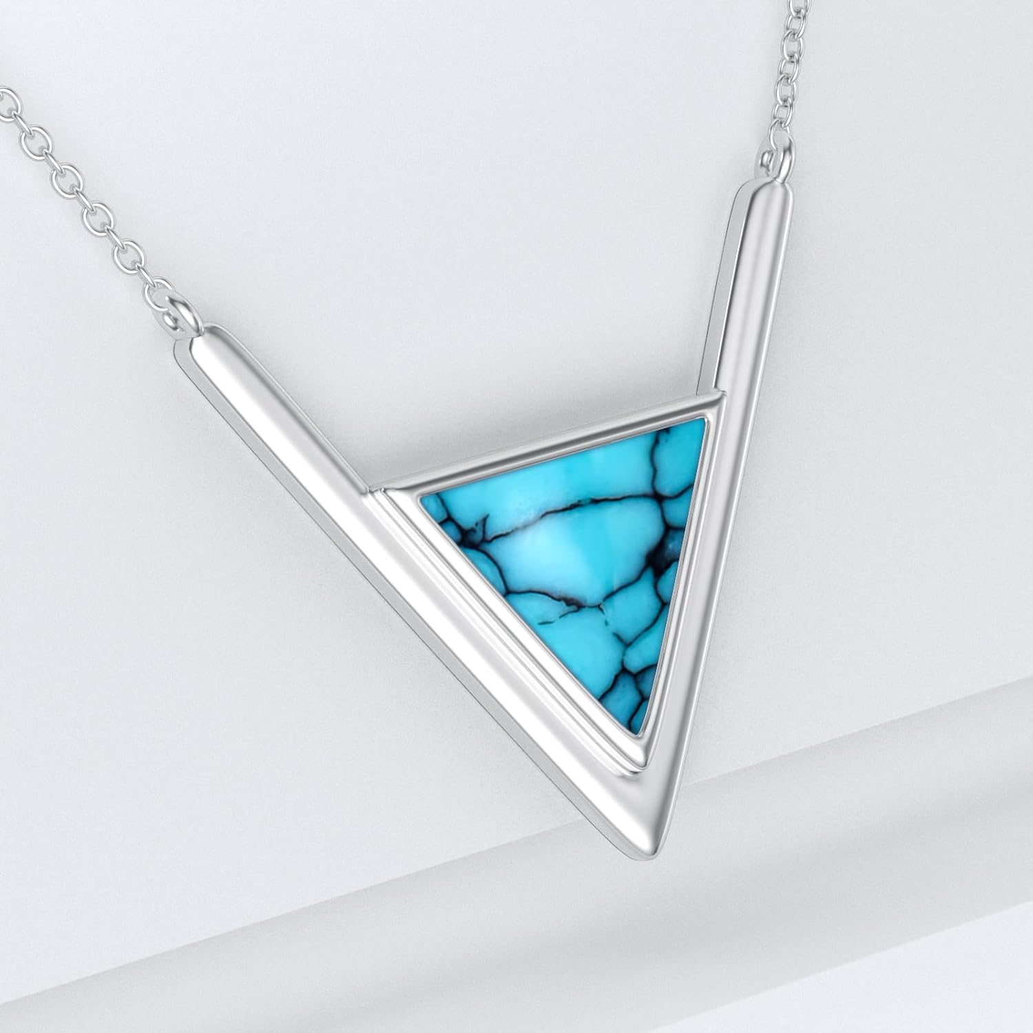 Sterling Silver V-Shape Turquoise Women's Simple Necklace Genuine Turquoise Gemstone Pendant Necklace for Women Ladies Bridal Jewelry Birthday Valentine's Day Christmas Gift - Image 2