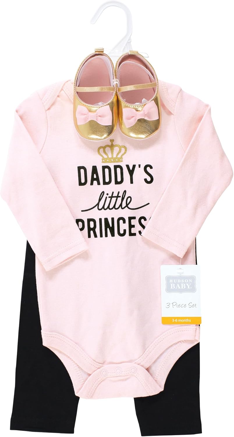 Hudson Baby Unisex Baby Cotton Bodysuit, Pant and Shoe Set, Daddys Little Princess, Newborn - Image 2