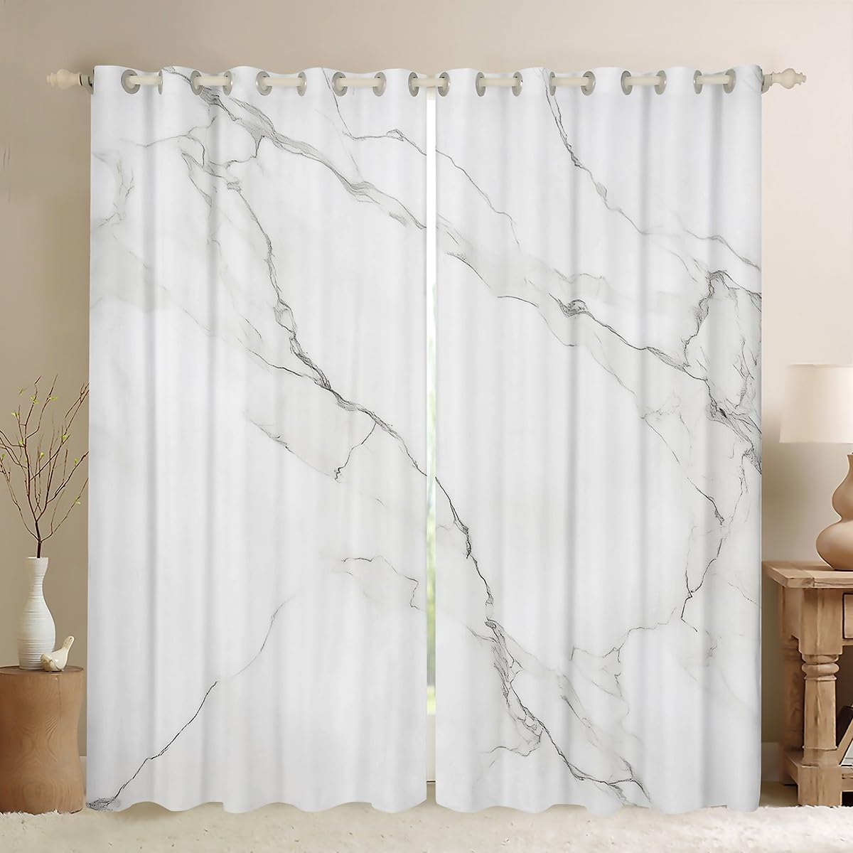 Feelyou White Marble Curtains (2 Panels, 38 x 45 Inch) Kids Modern Marble Aesthetic Darkening Drapes Boys Girls Teens Watercolor Artwork Blackout Curtain Abstract Marble Texture Window Treatments