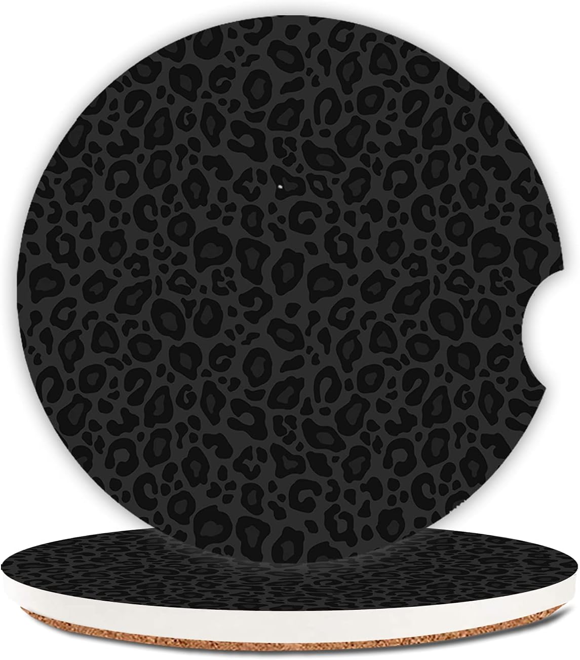 Ceramic Cup Holders Car Coasters for Women/Men,Fashion Absorbent Drink Cup Car Holder Coasters with A Finger Notch 2.56" Pack of 2,Grey and Black Leopard Print